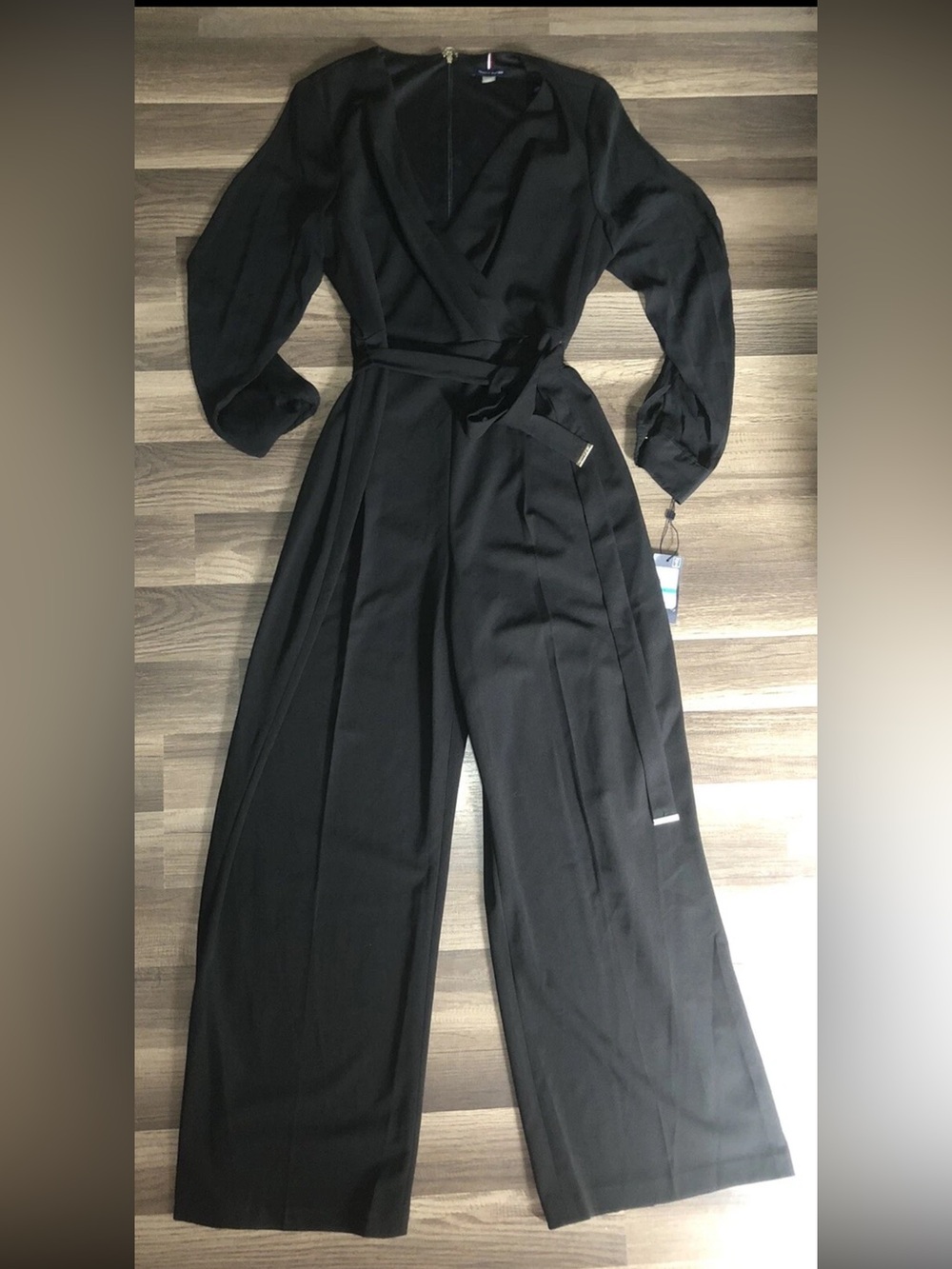 Tommy Hilfiger V-Neck Black Wrap Chiffon Top Wide-Leg Jumpsuit - Women's